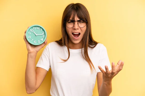 Hispanic Woman Looking Angry Annoyed Frustrated Alarm Clock Concept — Fotografia de Stock