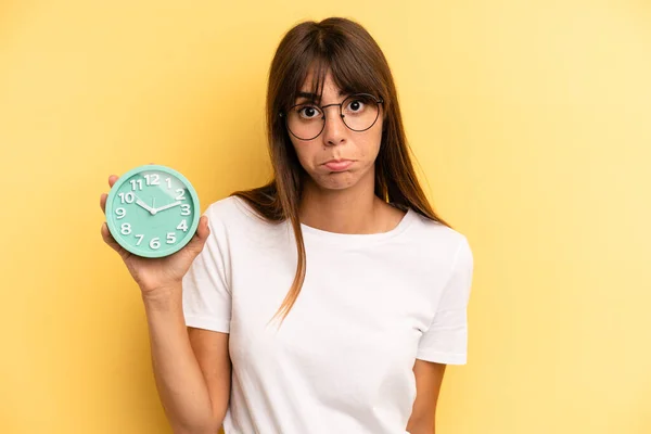 Hispanic Woman Feeling Sad Whiney Unhappy Look Crying Alarm Clock — Foto de Stock
