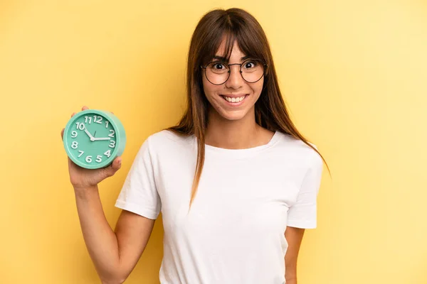 Hispanic Woman Looking Happy Pleasantly Surprised Alarm Clock Concept — Foto Stock