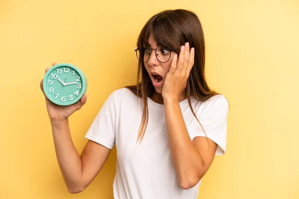Hispanic Woman Feeling Happy Excited Surprised Alarm Clock Concept — Stockfoto
