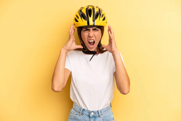 Pretty Woman Screaming Hands Air Bike Sport Concept — Zdjęcie stockowe