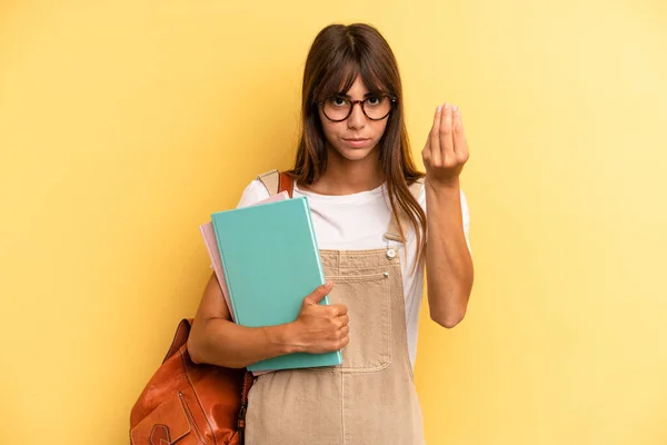 Mooie Vrouw Die Capice Geld Gebaar Maakt Vertelt Betalen Universitair — Stockfoto