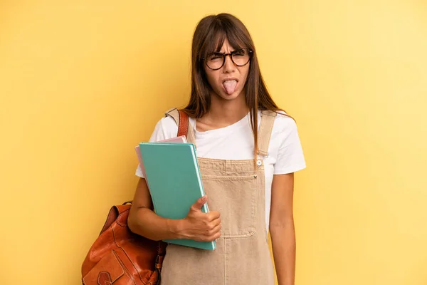 Pretty Woman Feeling Disgusted Irritated Tongue Out University Student Concept — Stock Photo, Image