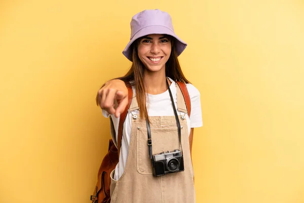 Pretty Woman Pointing Camera Choosing You Tourist Photographer Concept — Foto Stock