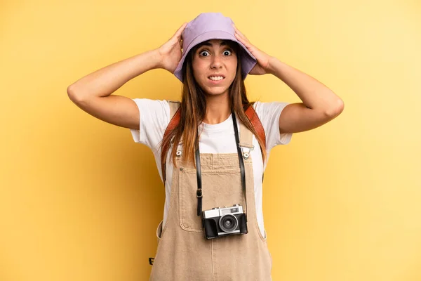 Pretty Woman Feeling Stressed Anxious Scared Hands Head Tourist Photographer — Stockfoto
