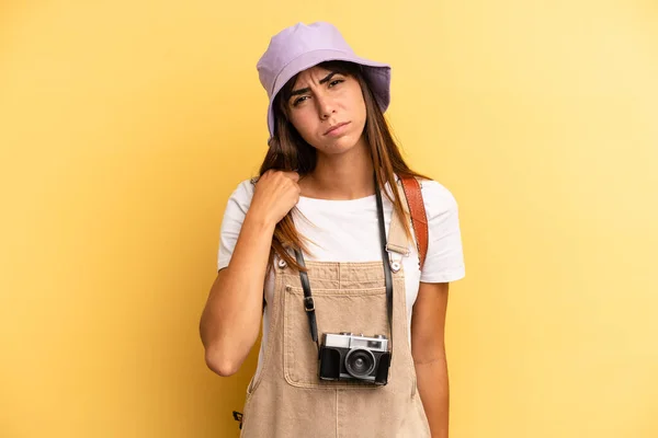 Pretty Woman Feeling Stressed Anxious Tired Frustrated Tourist Photographer Concept — Stockfoto