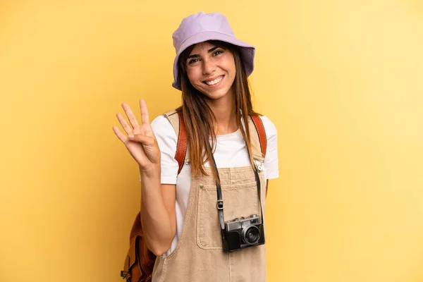 Pretty Woman Smiling Looking Friendly Showing Number Four Tourist Photographer — Foto Stock