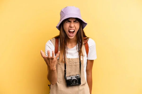 Pretty Woman Looking Angry Annoyed Frustrated Tourist Photographer Concept — Foto Stock