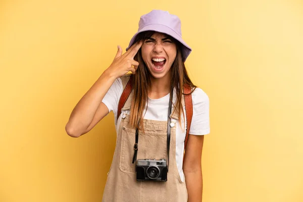 Pretty Woman Looking Unhappy Stressed Suicide Gesture Making Gun Sign — Foto Stock