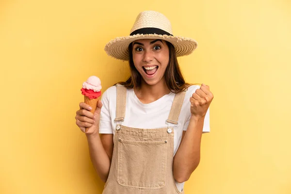 Pretty Woman Feeling Shocked Laughing Celebrating Success Ice Cream Summer — Foto Stock