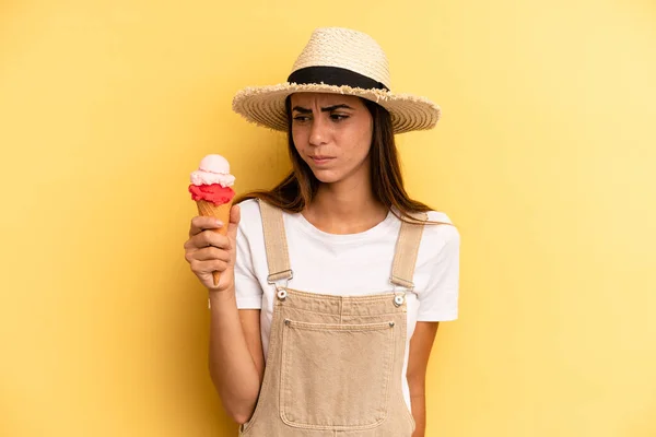 Pretty Woman Feeling Sad Upset Angry Looking Side Ice Cream — Stok fotoğraf