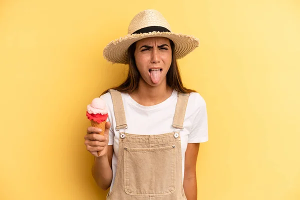 Pretty Woman Feeling Disgusted Irritated Tongue Out Ice Cream Summer — Photo