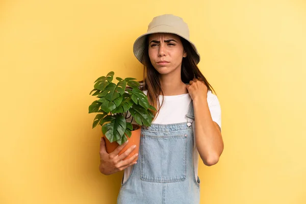 Hispanic Woman Feeling Stressed Anxious Tired Frustrated Gardering Concept — Fotografia de Stock