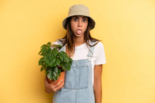 Hispanic Woman Feeling Disgusted Irritated Tongue Out Gardering Concept — Zdjęcie stockowe