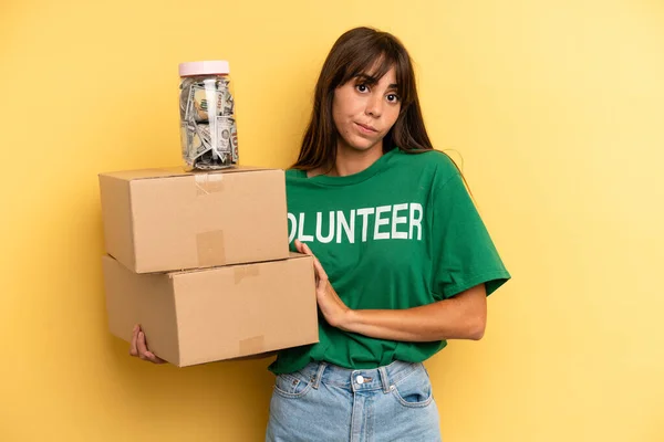 Pretty Woman Shrugging Feeling Confused Uncertain Volunteer Donation Concept — Stockfoto