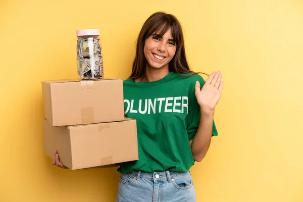 Pretty Woman Smiling Happily Waving Hand Welcoming Greeting You Volunteer — Stok fotoğraf