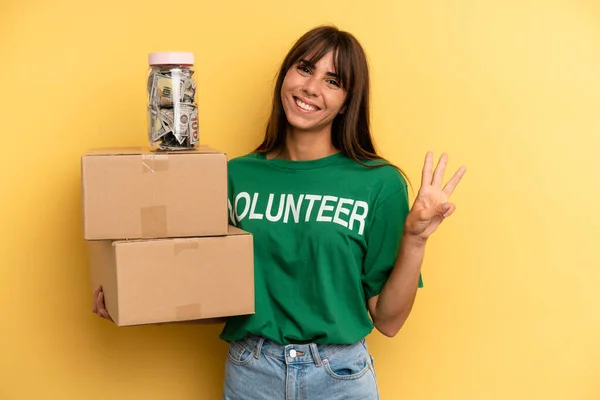 Pretty Woman Smiling Looking Friendly Showing Number Three Volunteer Donation — Stok fotoğraf