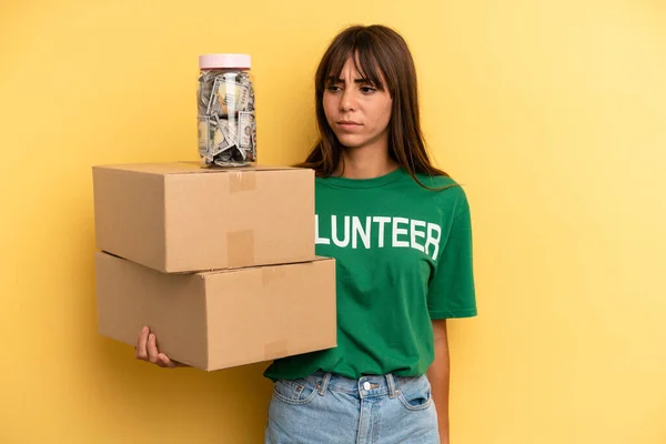 Pretty Woman Feeling Sad Upset Angry Looking Side Volunteer Donation — Stockfoto