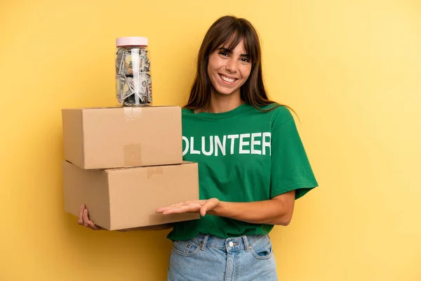 Pretty Woman Smiling Cheerfully Feeling Happy Showing Concept Volunteer Donation — Stok fotoğraf