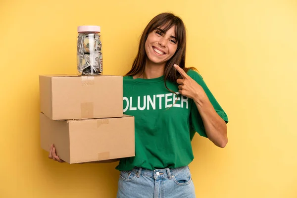 Pretty Woman Smiling Confidently Pointing Own Broad Smile Volunteer Donation — Stok fotoğraf