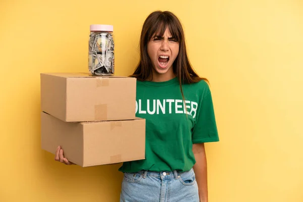 Pretty Woman Shouting Aggressively Looking Very Angry Volunteer Donation Concept — Fotografia de Stock