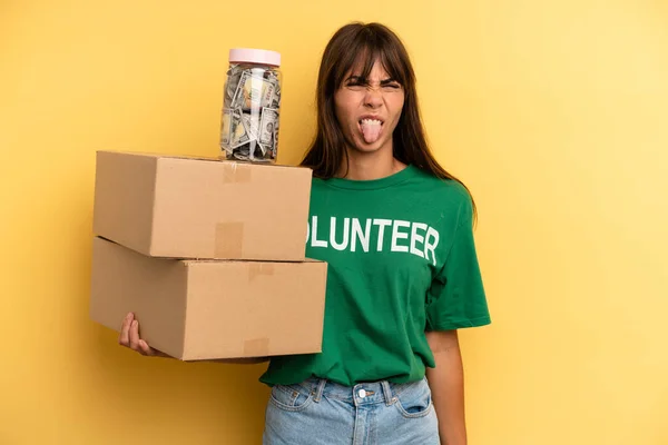 Pretty Woman Feeling Disgusted Irritated Tongue Out Volunteer Donation Concept — Fotografia de Stock