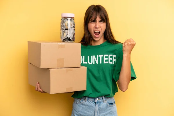 Pretty Woman Shouting Aggressively Angry Expression Volunteer Donation Concept — Foto Stock