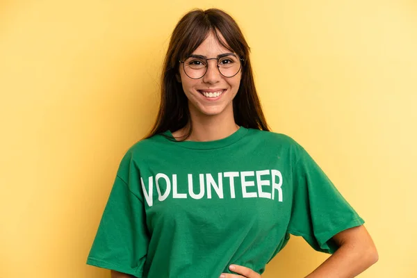 Pretty Woman Smiling Happily Hand Hip Confident Volunteer Donation Concept — Stockfoto