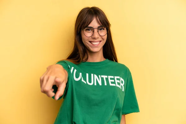 Pretty Woman Pointing Camera Choosing You Volunteer Donation Concept — Foto de Stock