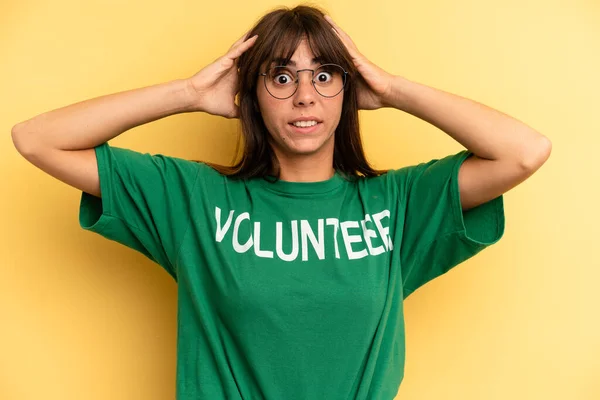 Pretty Woman Feeling Stressed Anxious Scared Hands Head Volunteer Donation — Foto Stock