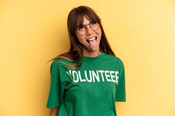 Pretty Woman Cheerful Rebellious Attitude Joking Sticking Tongue Out Volunteer — Stockfoto
