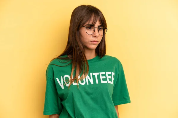 Pretty Woman Feeling Sad Upset Angry Looking Side Volunteer Donation — Stockfoto