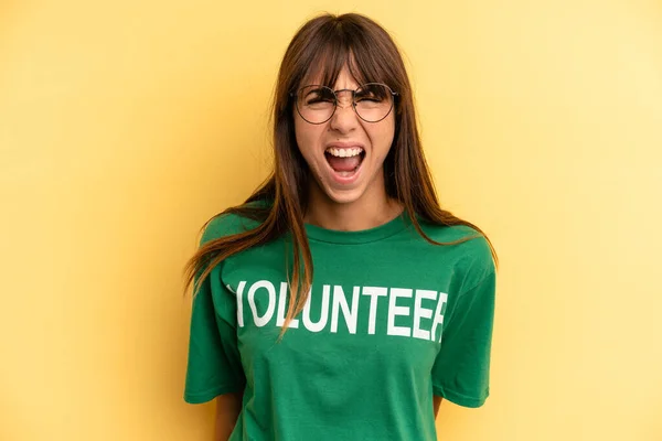 Pretty Woman Shouting Aggressively Looking Very Angry Volunteer Donation Concept — Photo