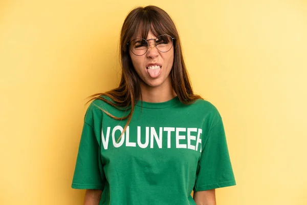 Pretty Woman Feeling Disgusted Irritated Tongue Out Volunteer Donation Concept — Foto de Stock