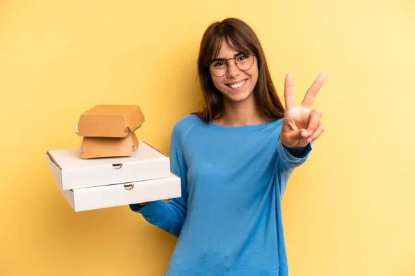Pretty Woman Smiling Looking Happy Gesturing Victory Peace Take Away — Stock Photo, Image