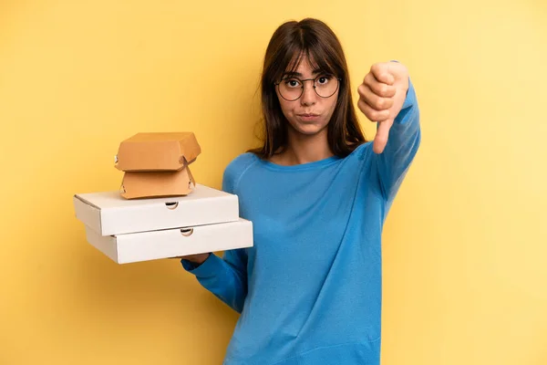 Pretty Woman Feeling Cross Showing Thumbs Take Away Fast Food — Stockfoto