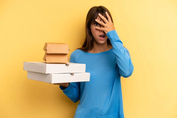 Pretty Woman Looking Shocked Scared Terrified Covering Face Hand Take — Stock fotografie