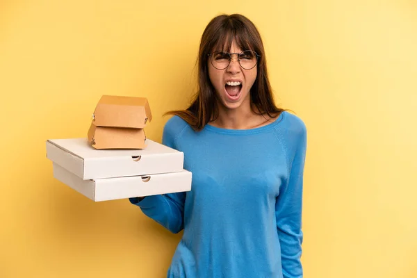 Pretty Woman Shouting Aggressively Looking Very Angry Take Away Fast — Stockfoto