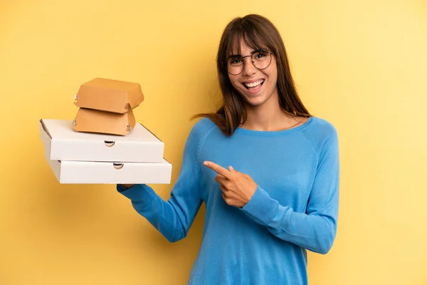 Pretty Woman Looking Excited Surprised Pointing Side Take Away Fast — Stockfoto