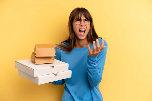 Pretty Woman Looking Desperate Frustrated Stressed Take Away Fast Food — Zdjęcie stockowe