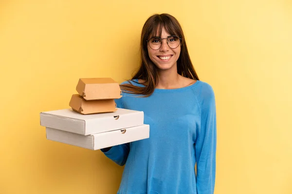 Pretty Woman Looking Happy Pleasantly Surprised Take Away Fast Food — Stockfoto