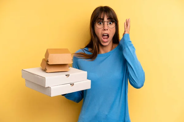 Pretty Woman Screaming Hands Air Take Away Fast Food Concept — Stockfoto