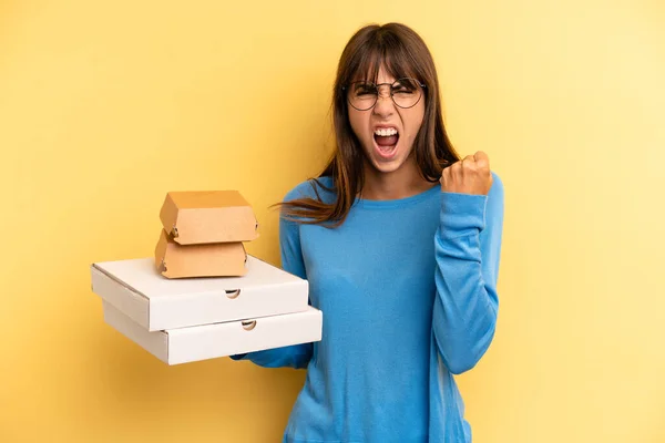 Pretty Woman Shouting Aggressively Angry Expression Take Away Fast Food — Stockfoto