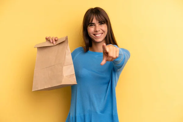 Pretty Woman Pointing Camera Choosing You Take Away Fast Food —  Fotos de Stock