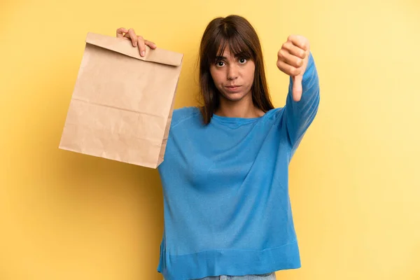 Pretty Woman Feeling Cross Showing Thumbs Take Away Fast Food — Stockfoto