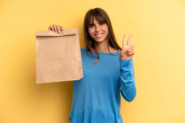 Pretty Woman Smiling Looking Friendly Showing Number Two Take Away — Stock fotografie