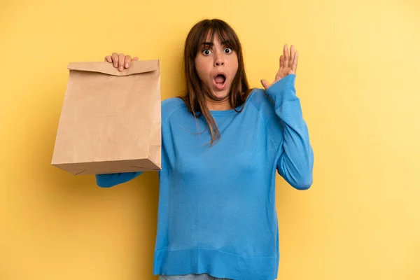 Pretty Woman Screaming Hands Air Take Away Fast Food Concept — Stock Photo, Image