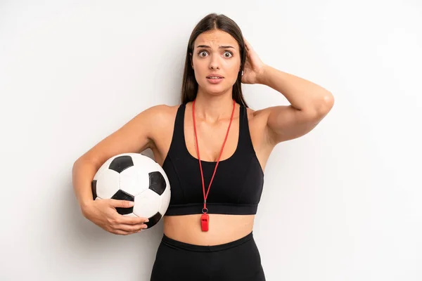 Pretty Girl Feeling Stressed Anxious Scared Hands Head Soccer Fitness — Stockfoto