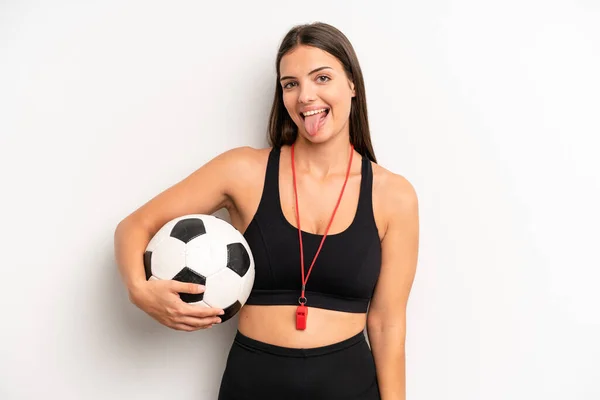 Pretty Girl Cheerful Rebellious Attitude Joking Sticking Tongue Out Soccer — ストック写真