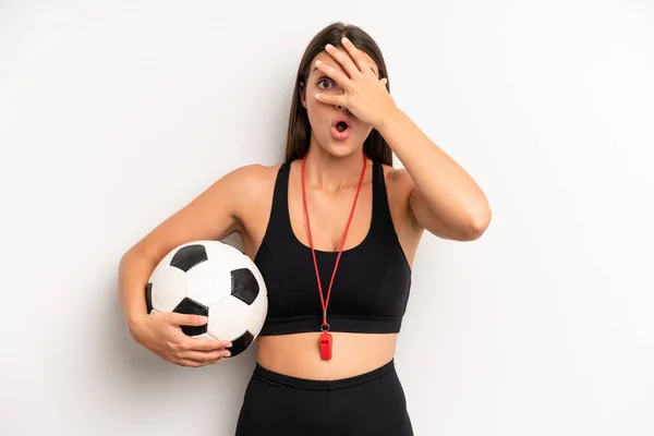 Pretty Girl Looking Shocked Scared Terrified Covering Face Hand Soccer — Stockfoto